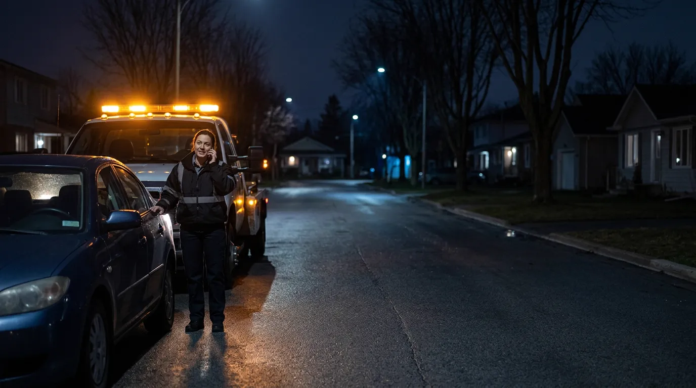 Tow truck driver on the phone beside a stranded car on a quiet residential street at night, amber lights on