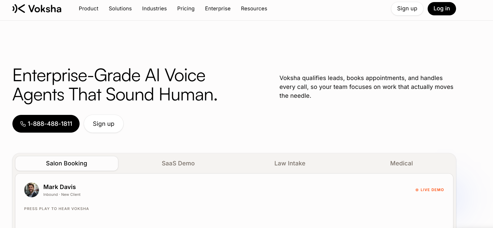 Voksha homepage showing its AI receptionist demo
