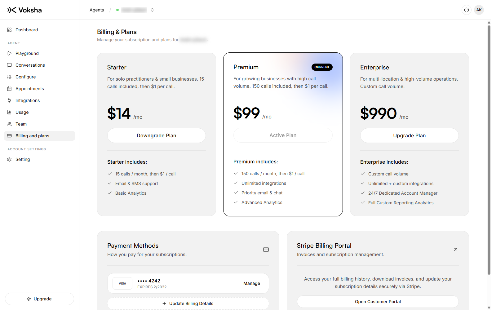 Billing and plans, showing the plan you are on now