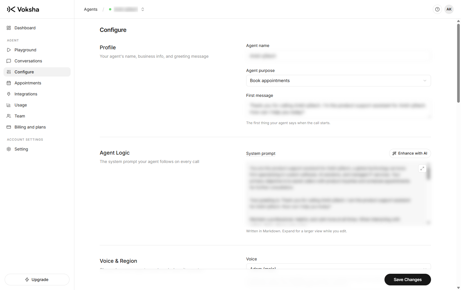 The Configure page, where every setting for one agent lives