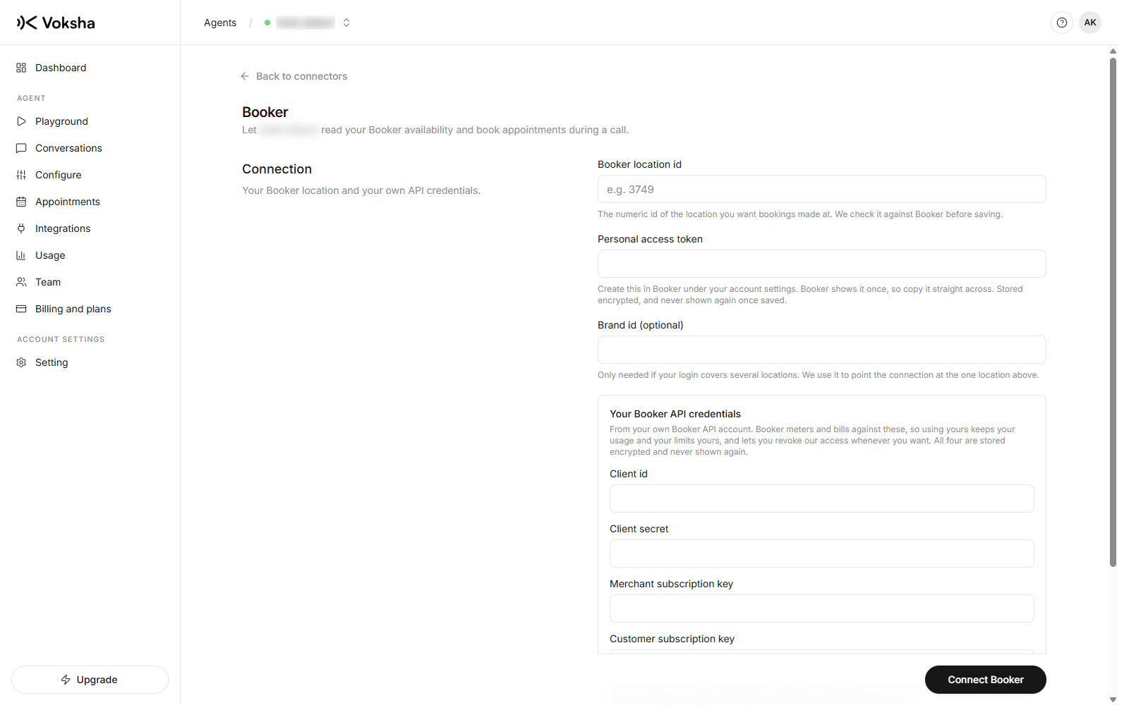 The Booker connector, asking for your location id and your own Booker API credentials