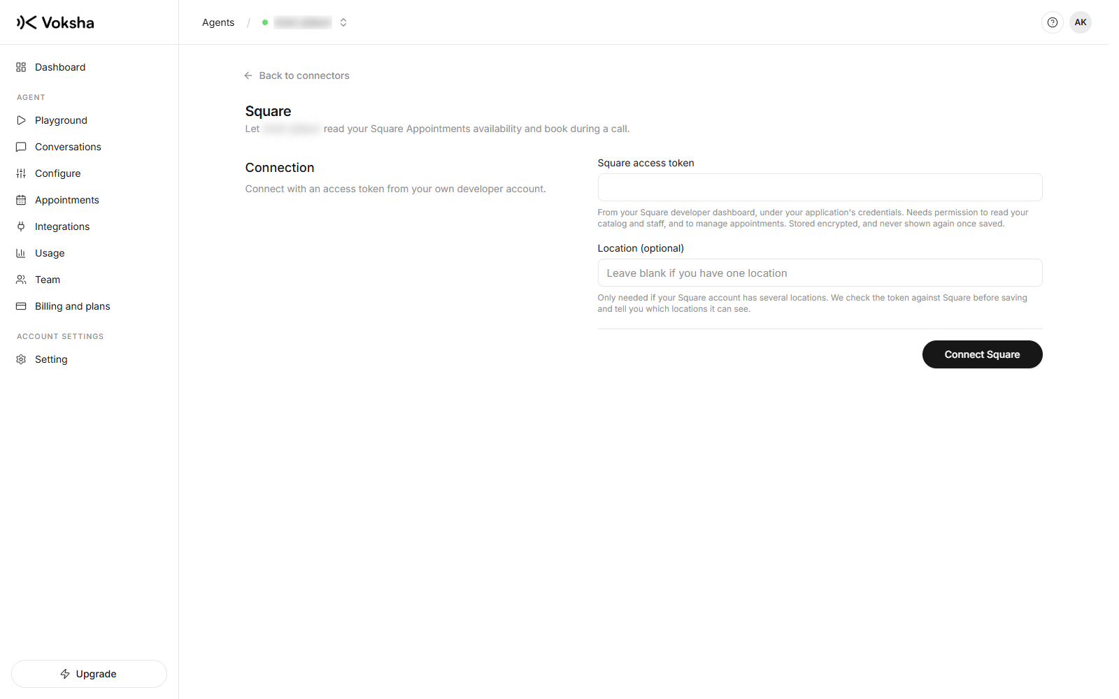 The Square connector, asking for an access token from your own Square developer account