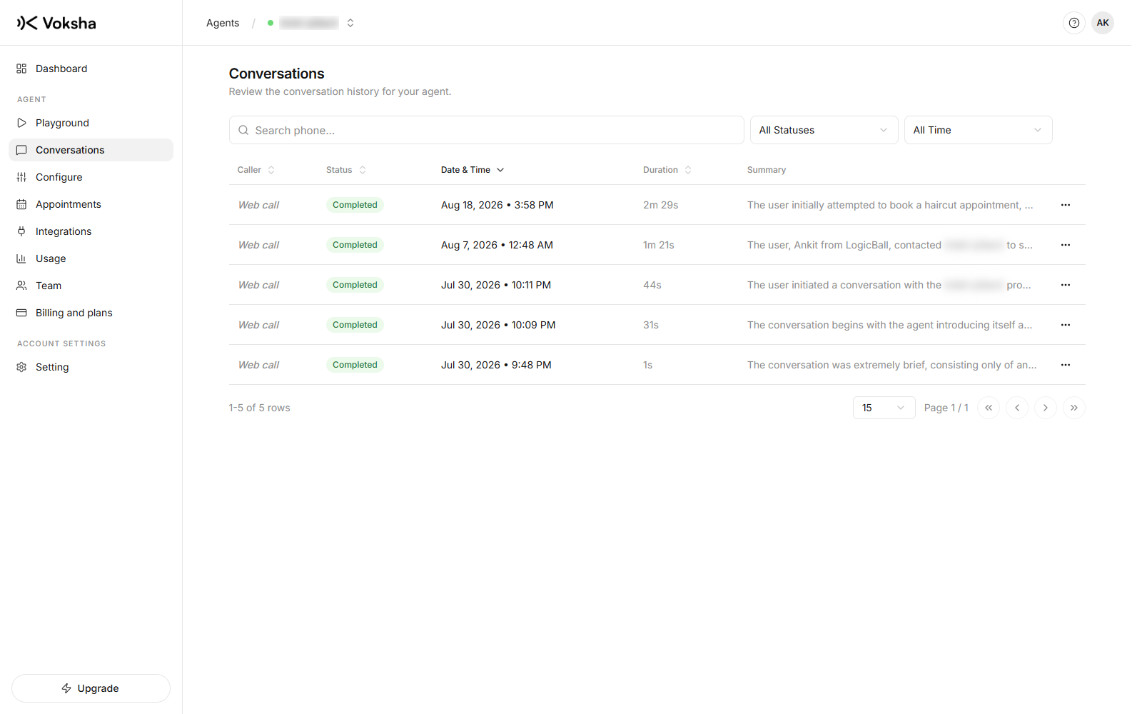 The Conversations list, with the phone search box and the status and time filters