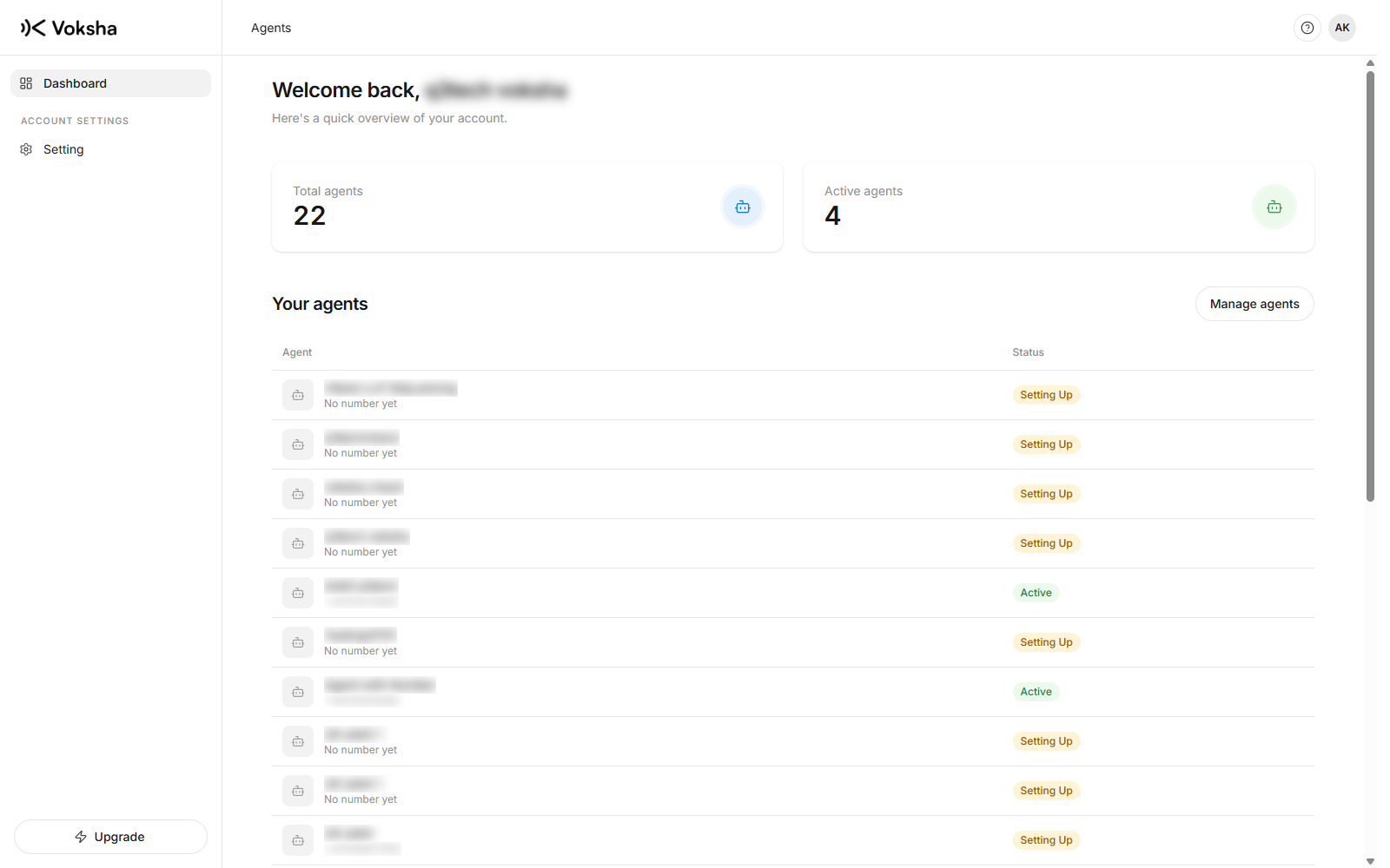 The Voksha dashboard, listing your agents and their status