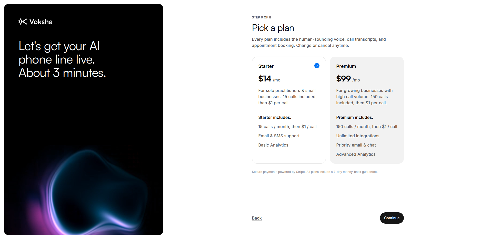Step 6 of setup: picking Starter or Premium