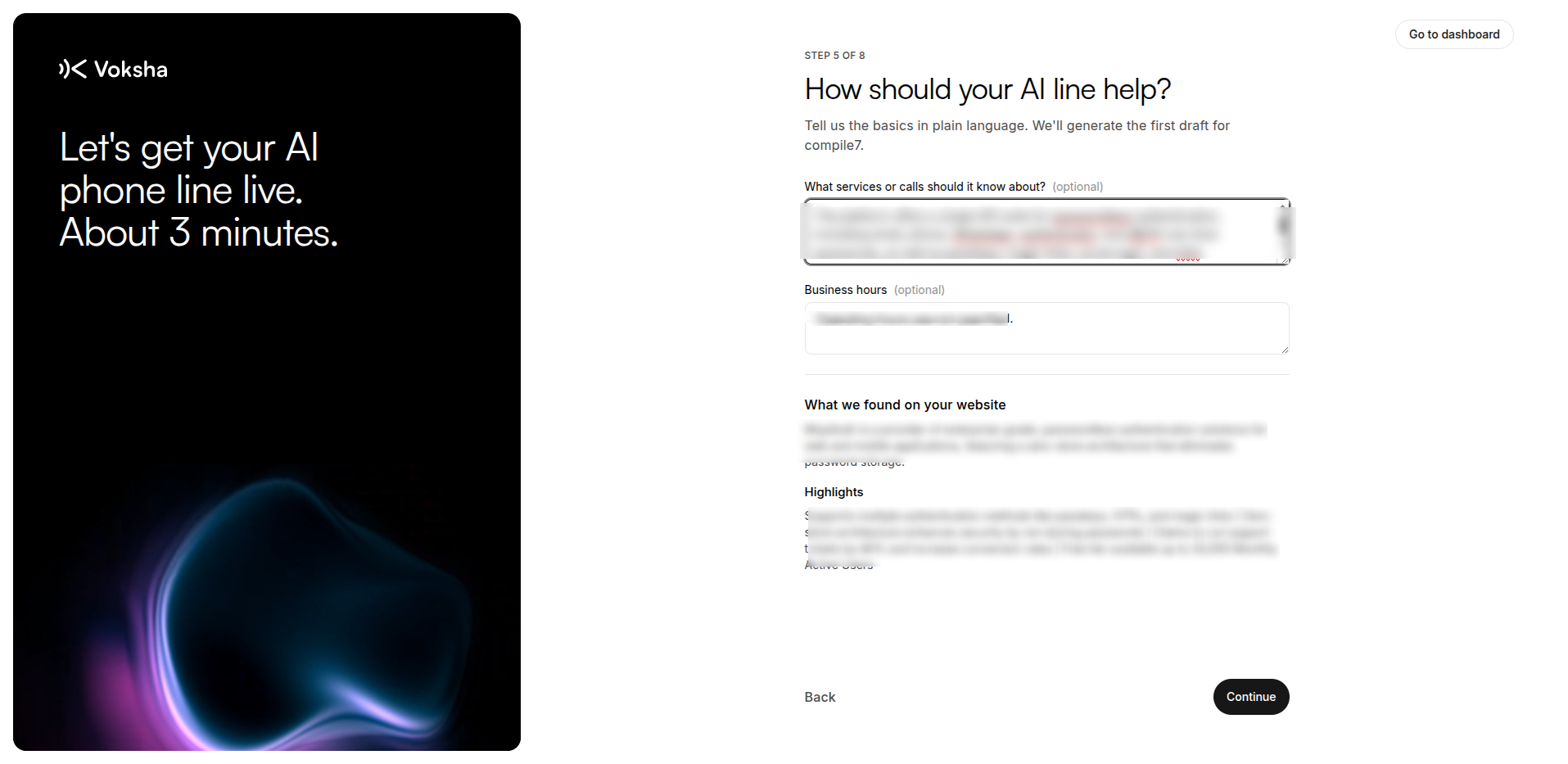 Step 5 of setup: services, business hours, and what Voksha read from your website