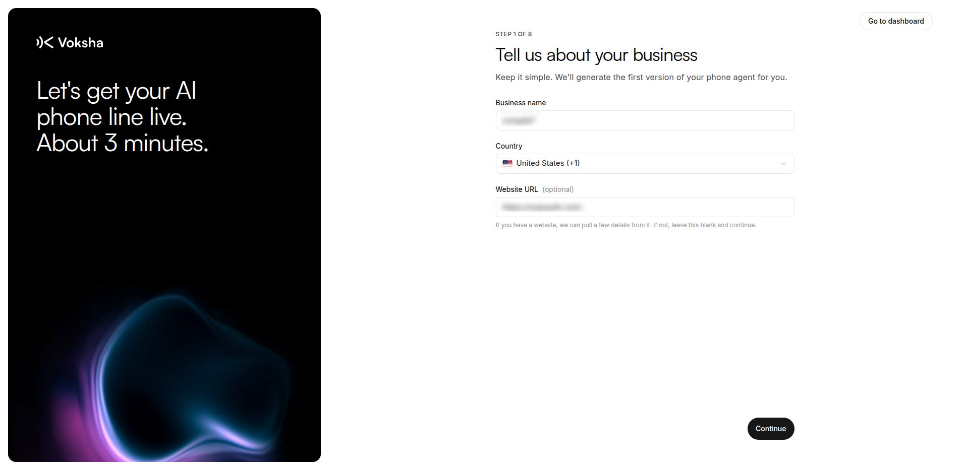 Step 1 of setup: your business name, country and website