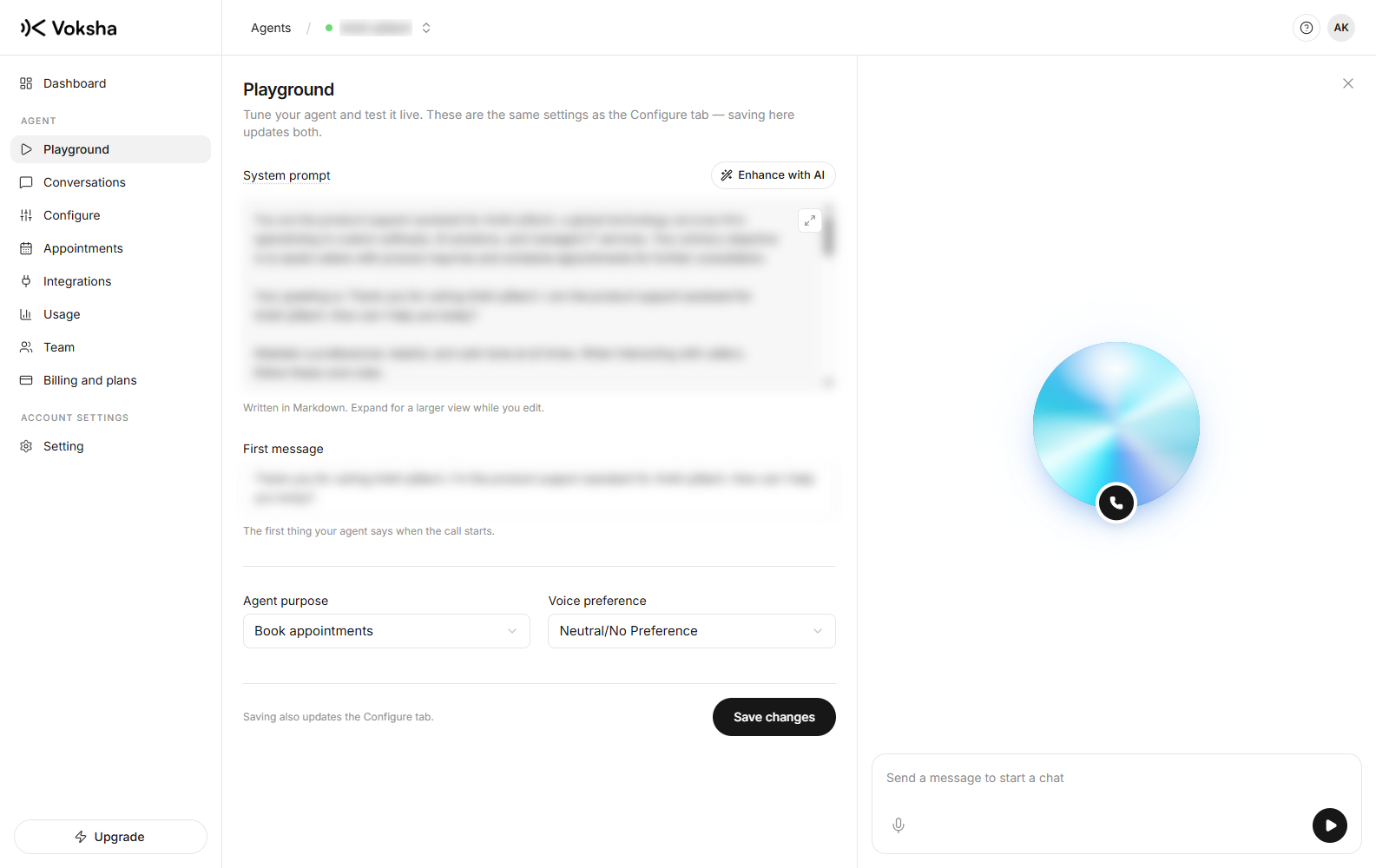 The Playground: your prompt on the left, and a call or chat with the agent on the right