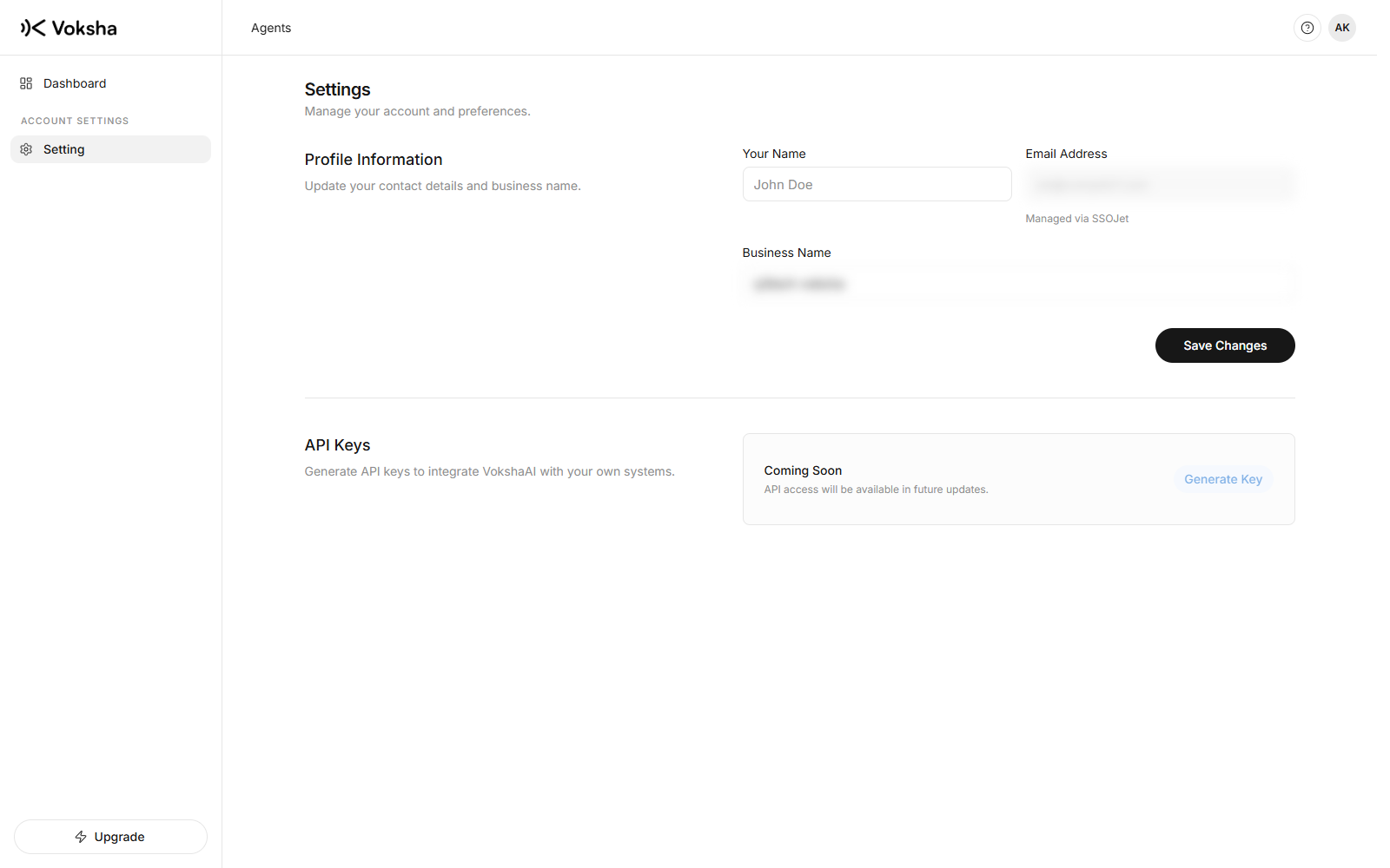 Account Settings: your name, email and business name