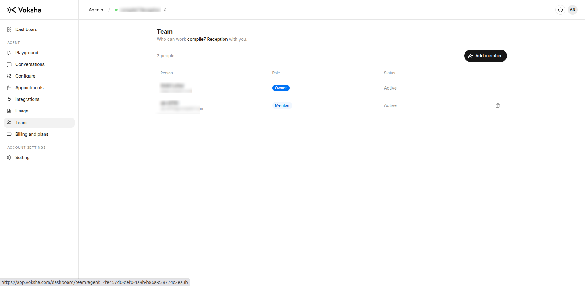 The Team page for one agent, showing each person’s role
