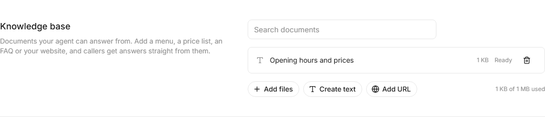 The Knowledge base section on the Configure page, before anything has been added