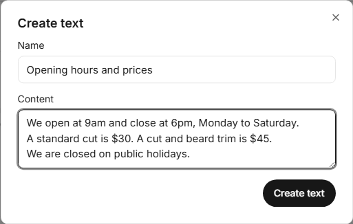 The Create text window, with a name and the text content filled in