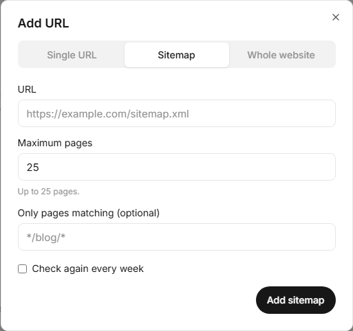 The Add URL window on the Sitemap tab, with a URL and a pattern