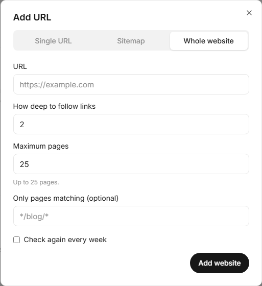 The Add URL window on the Whole website tab, with depth and maximum pages